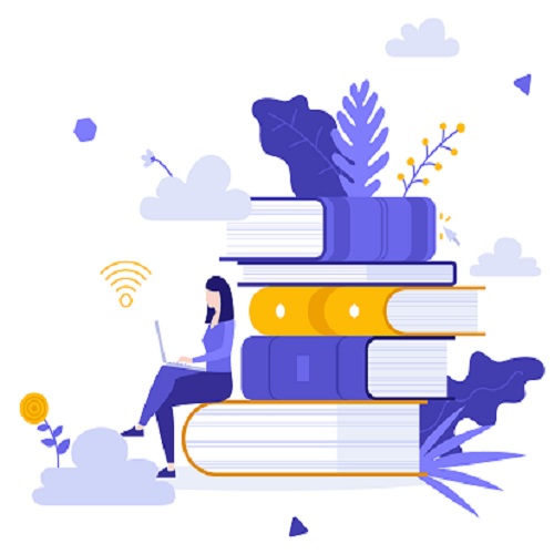 Woman with laptop sitting on stack of giant books and studying or working. Concept of cloud library, literature reading, education. Modern vector illustration in flat style for banner, poster.